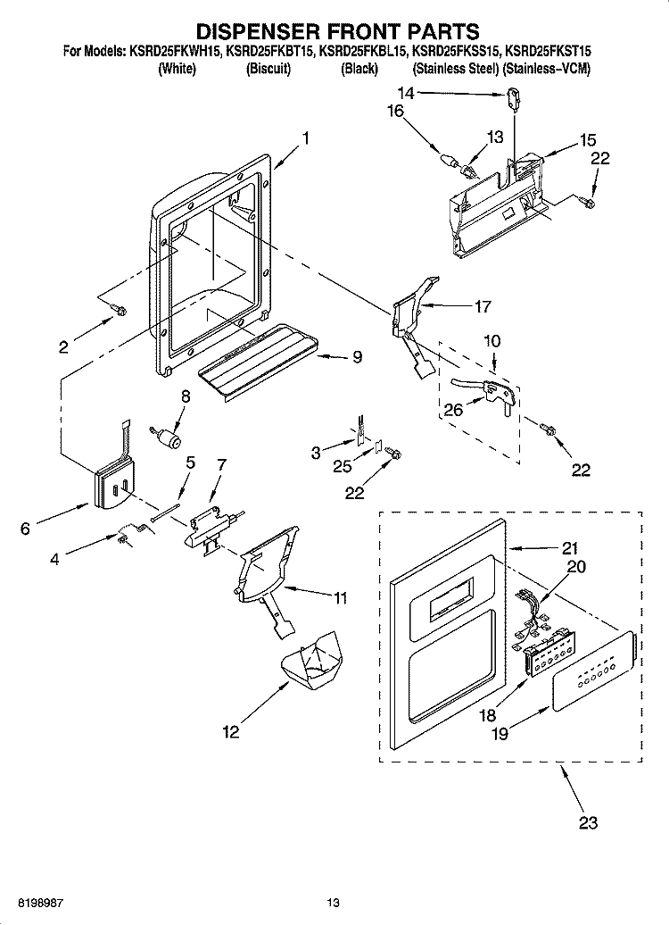 DISPENSER FRONT PARTS Diagram and Parts List for KSRD25FKSS15  KitchenAid Refrigerator