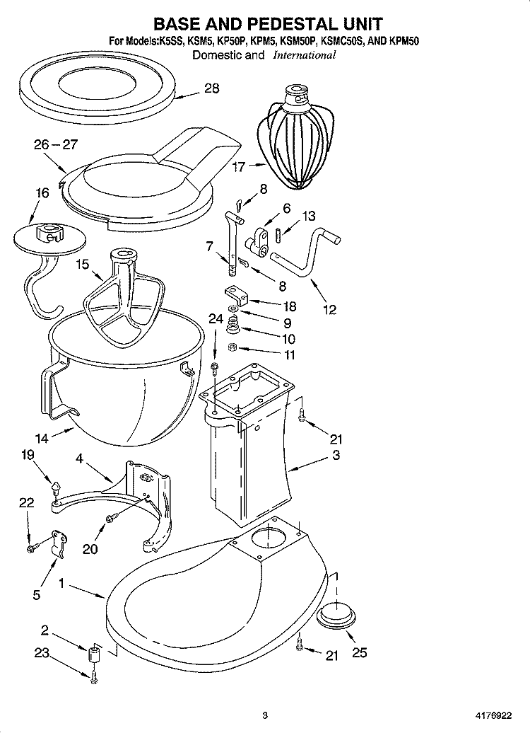 BASE AND PEDESTAL UNIT Diagram and Parts List for KP50  KitchenAid Mixer