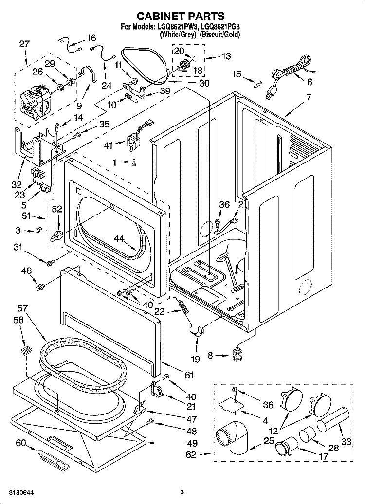 CABINET PARTS Diagram and Parts List for LGQ8621PW3  Whirlpool Dryer