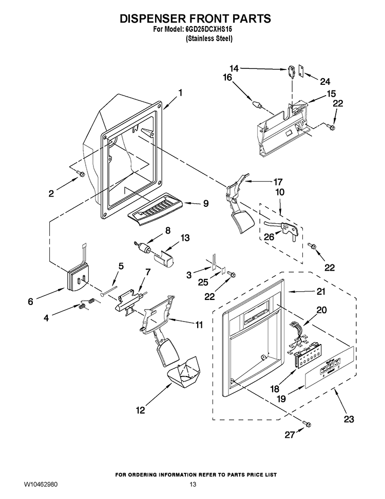 DISPENSER FRONT PARTS Diagram and Parts List for 6GD25DCXHS15  Whirlpool Refrigerator
