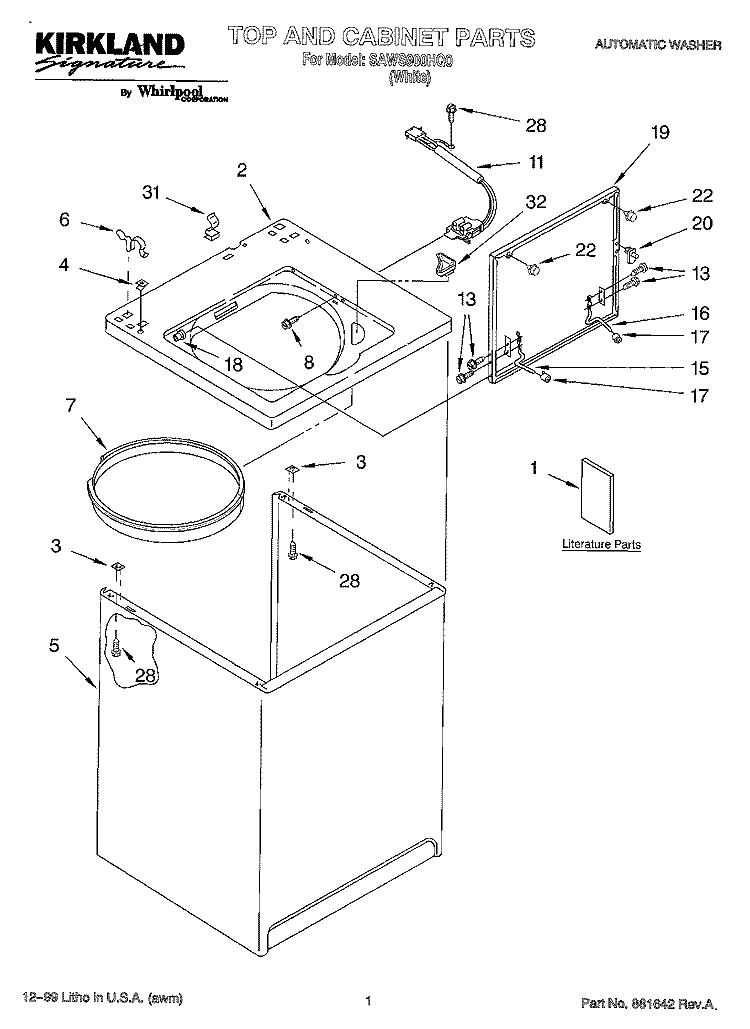 TOP AND CABINET, LITERATURE Diagram and Parts List for SAWS900HQ0  Whirlpool Washer