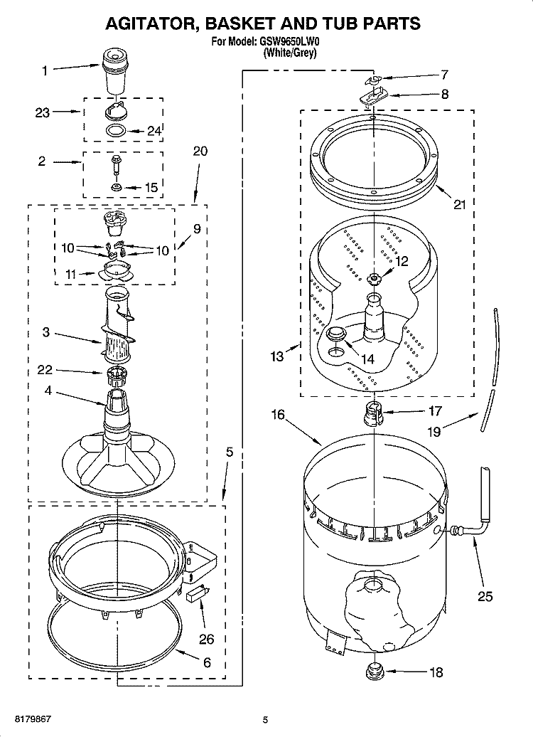 AGITATOR, BASKET AND TUB PARTS Diagram and Parts List for GSW9650LW0  Whirlpool Washer
