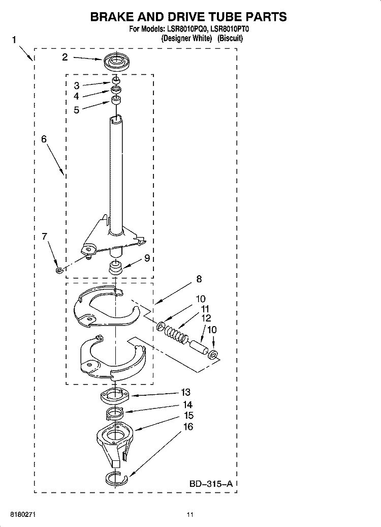 BRAKE AND DRIVE TUBE PARTS Diagram and Parts List for LSR8010PT0  Whirlpool Washer