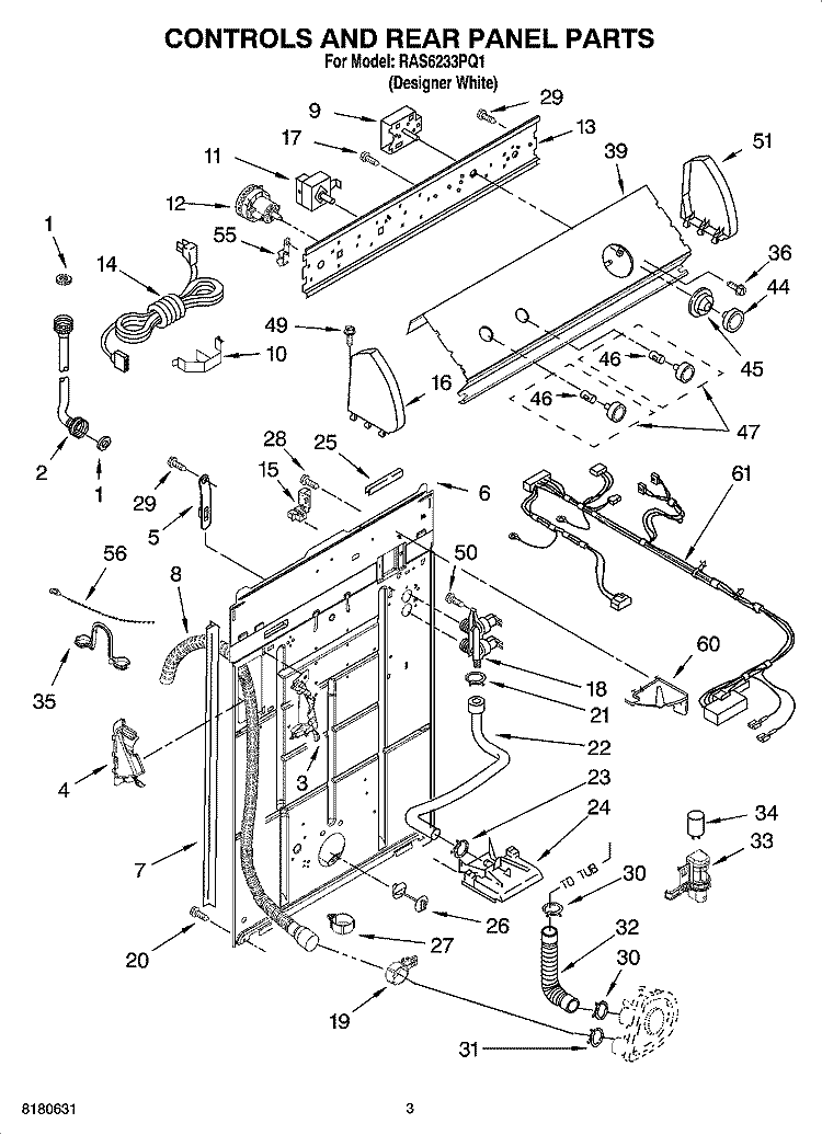 CONTROLS AND REAR PANEL PARTS Diagram and Parts List for RAS6233PQ1  Roper Washer
