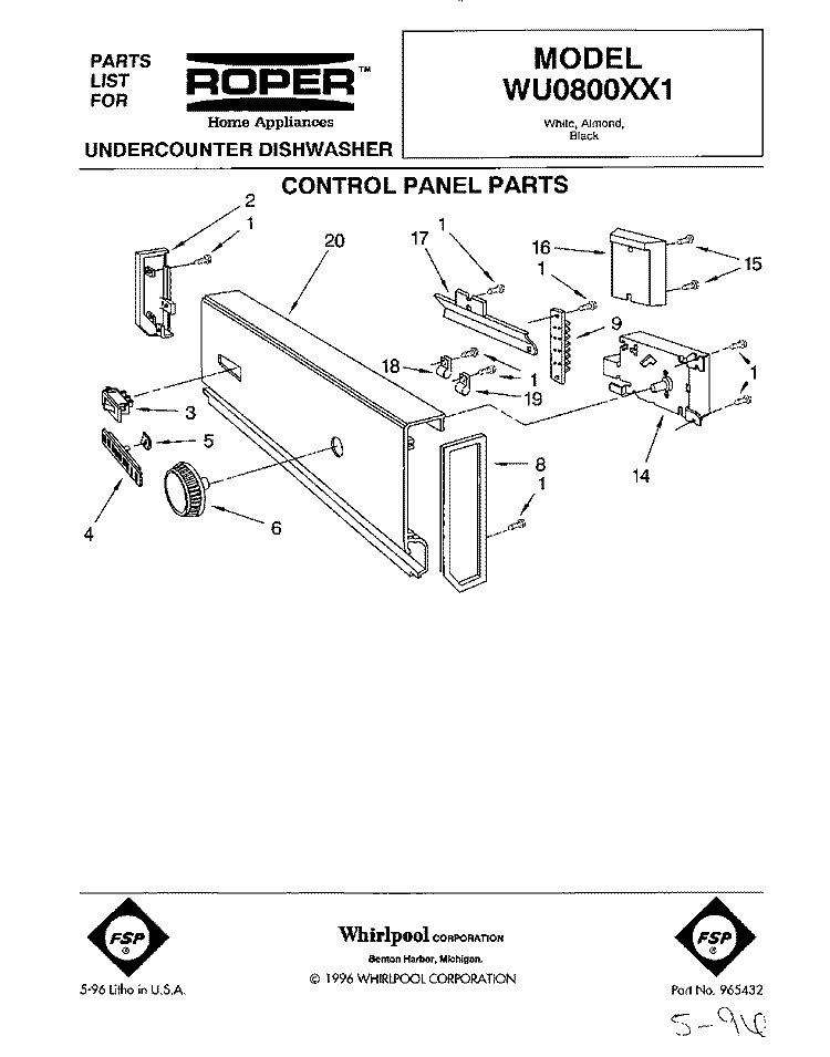 CONTROL PANEL Diagram and Parts List for WU0800XX1  Roper Dishwasher