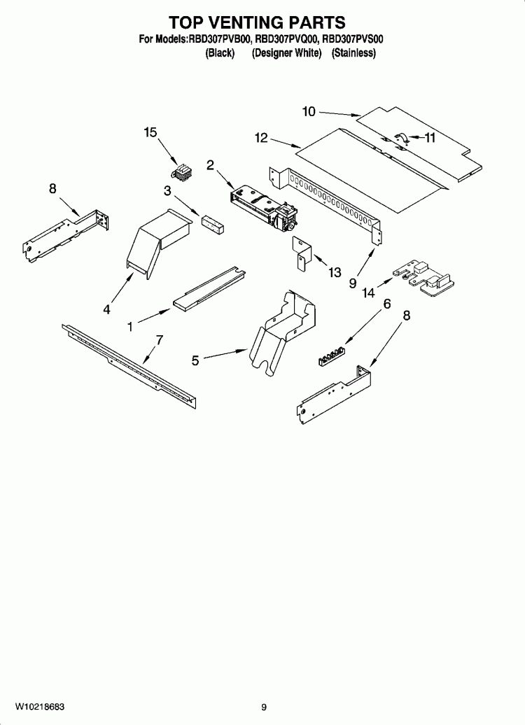 TOP VENTING PARTS, OPTIONAL PARTS Diagram and Parts List for RBD307PVB00  Whirlpool Wall Oven