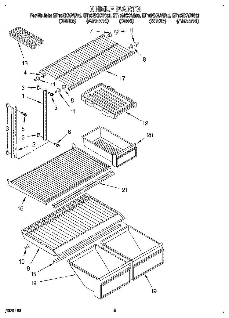 SHELF Diagram and Parts List for ET18NKXAN02  Whirlpool Refrigerator