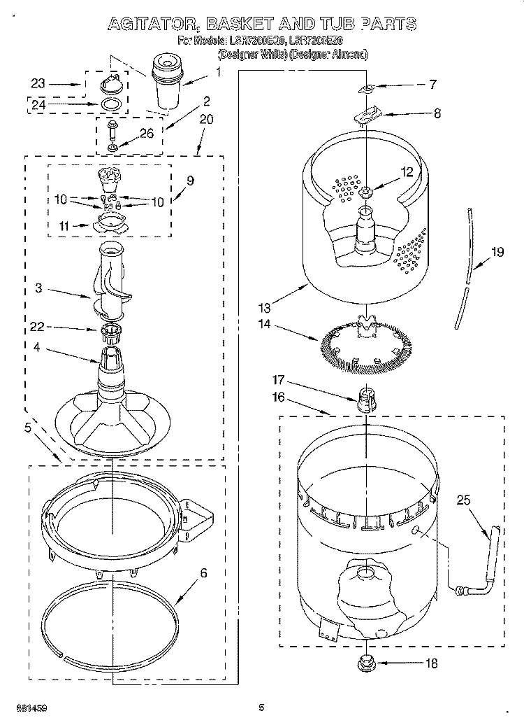 AGITATOR, BASKET AND TUB Diagram and Parts List for LSR7200EQ0  Whirlpool Washer