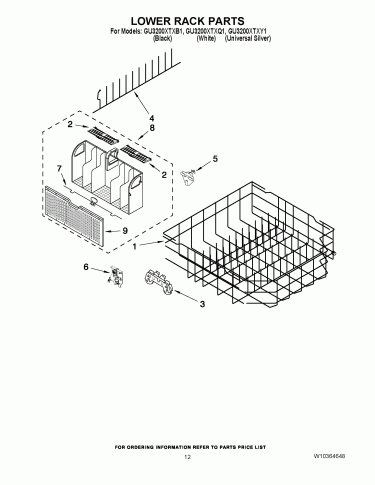 LOWER RACK PARTS Diagram and Parts List for GU3200XTXQ1  Whirlpool Dishwasher
