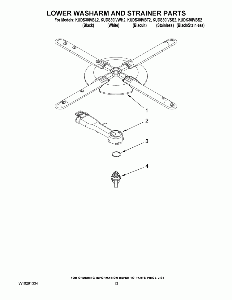LOWER WASHARM AND STRAINER PARTS Diagram and Parts List for KUDK30IVBS2  Whirlpool Dishwasher