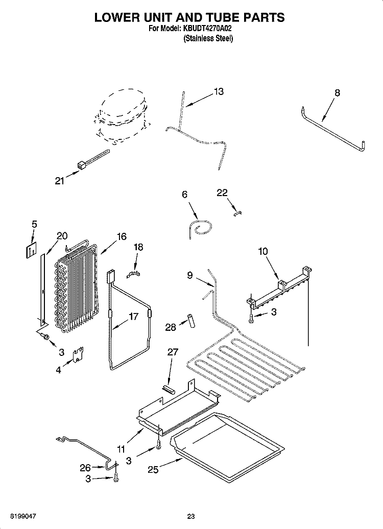 LOWER UNIT AND TUBE PARTS Diagram and Parts List for KBUDT4270A02  KitchenAid Refrigerator