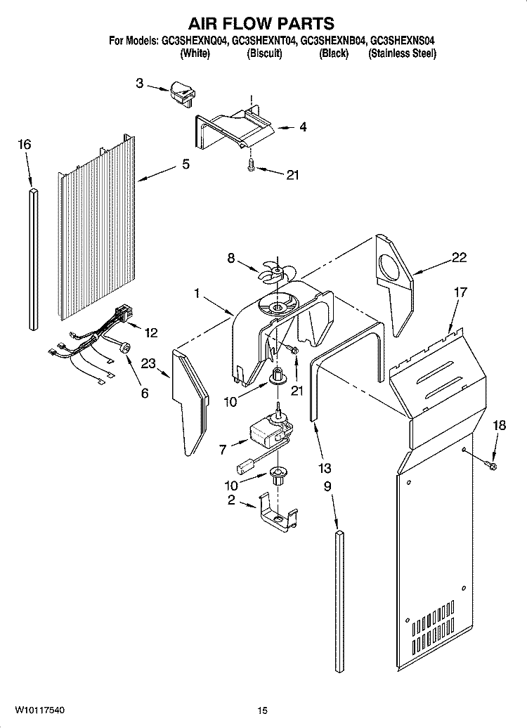 AIR FLOW PARTS Diagram and Parts List for GC3SHEXNQ04  Whirlpool Refrigerator