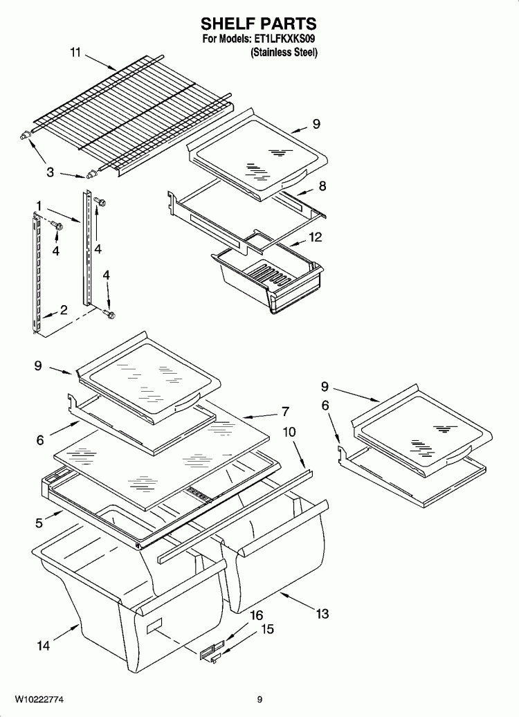 SHELF PARTS, OPTIONAL PARTS Diagram and Parts List for ET1LFKXKS09  Whirlpool Refrigerator