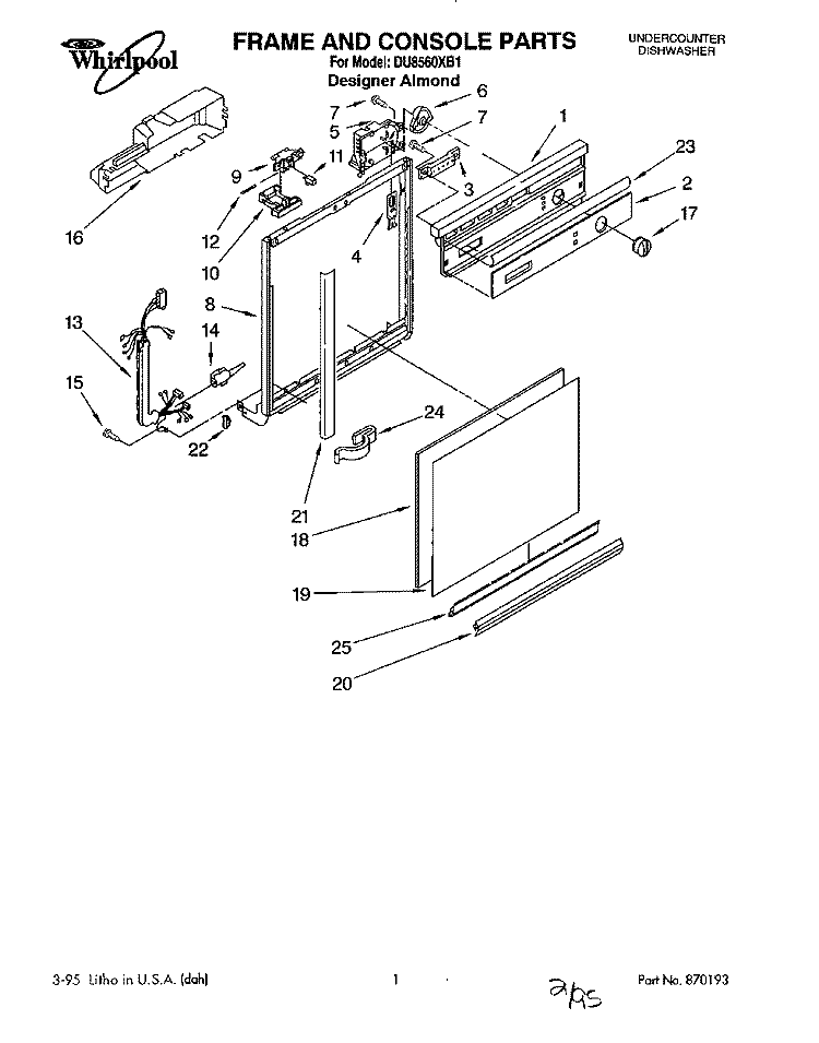FRAME AND CONSOLE Diagram and Parts List for DU8560XB1  Whirlpool Dishwasher
