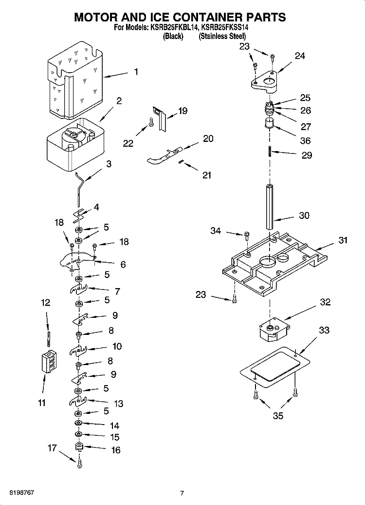 MOTOR AND ICE CONTAINER PARTS Diagram and Parts List for KSRB25FKBL14  KitchenAid Refrigerator