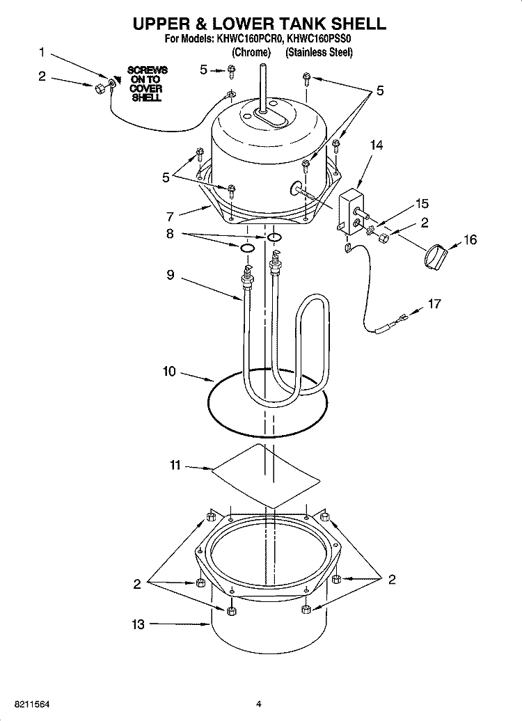 UPPER & LOWER TANK SHELL Diagram and Parts List for KHWC160PCR0  KitchenAid Miscellaneous