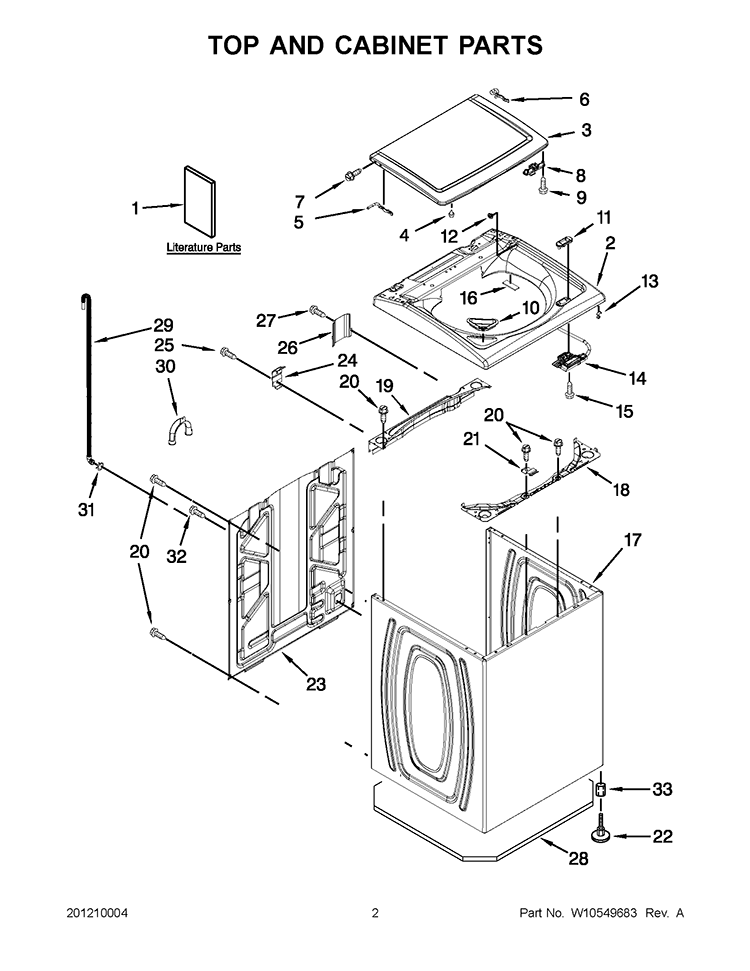 TOP AND CABINET PARTS Diagram and Parts List for 4GWTW5550YW1  Whirlpool Washer