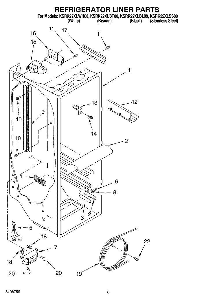 REFRIGERATOR LINER PARTS Diagram and Parts List for KSRK22XLBT00  KitchenAid Refrigerator