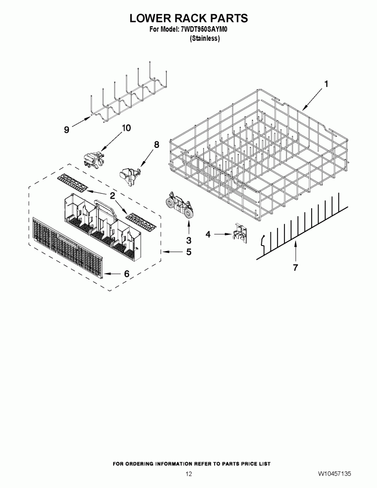 LOWER RACK PARTS Diagram and Parts List for 7WDT950SAYM0  Whirlpool Dishwasher