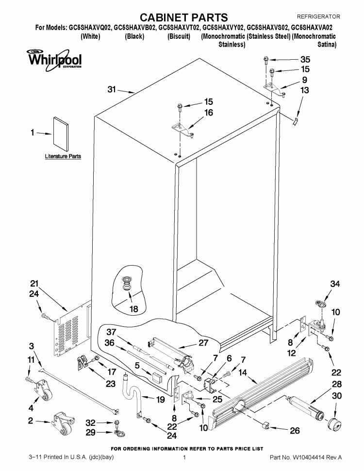 CABINET PARTS Diagram and Parts List for GC5SHAXVT02  Whirlpool Refrigerator