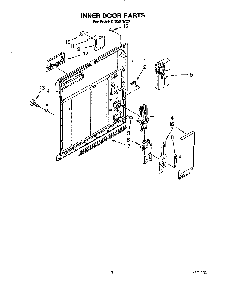 INNER DOOR Diagram and Parts List for DU8400XX2  Whirlpool Dishwasher