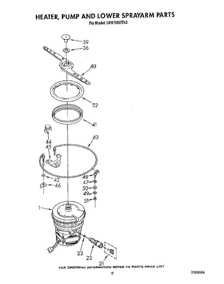 HEATER, PUMP AND LOWER SPRAYARM Diagram and Parts List for DP8700XTN3  Whirlpool Dishwasher