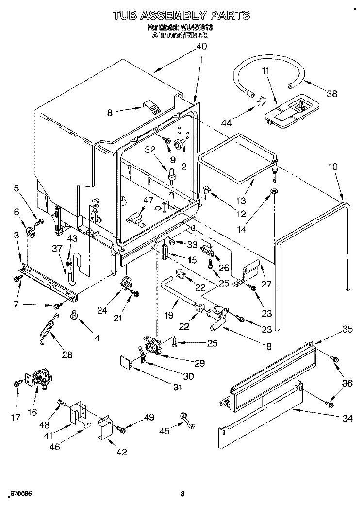 TUB ASSEMBLY, LIT/OPTIONAL Diagram and Parts List for WU4500Y3  Roper Dishwasher