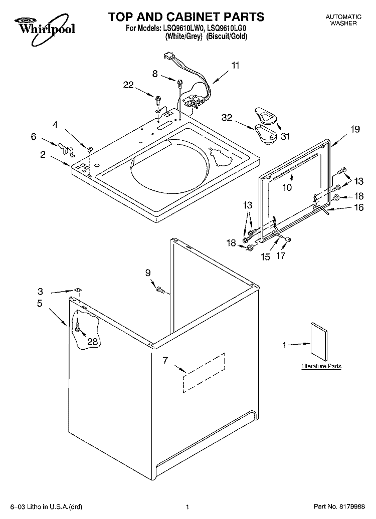 TOP AND CABINET PARTS Diagram and Parts List for LSQ9610LW0  Whirlpool Washer