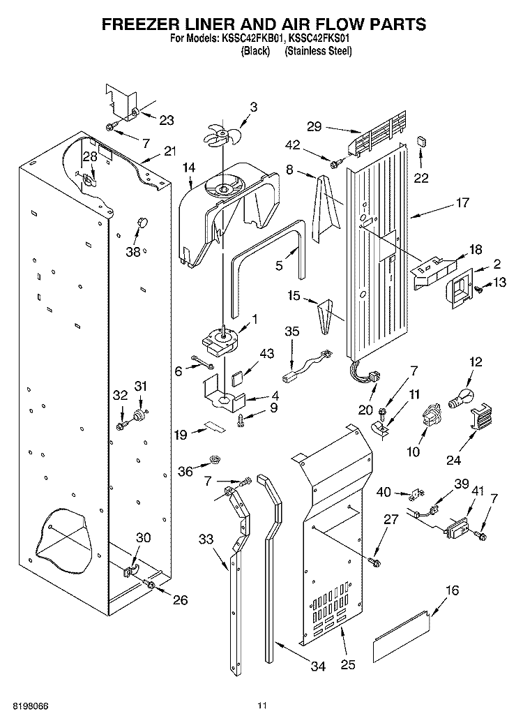 FREEZER LINER AND AIR FLOW Diagram and Parts List for KSSC42FKB01  KitchenAid Refrigerator