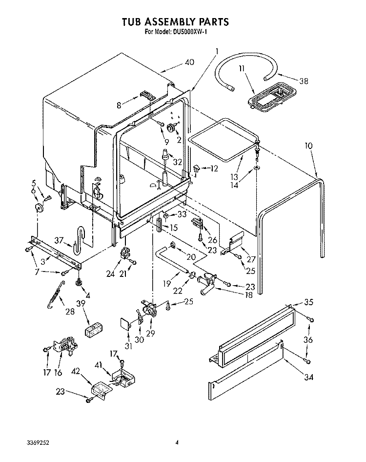 TUB ASSEMBLY Diagram and Parts List for DU5000XW1  Whirlpool Dishwasher