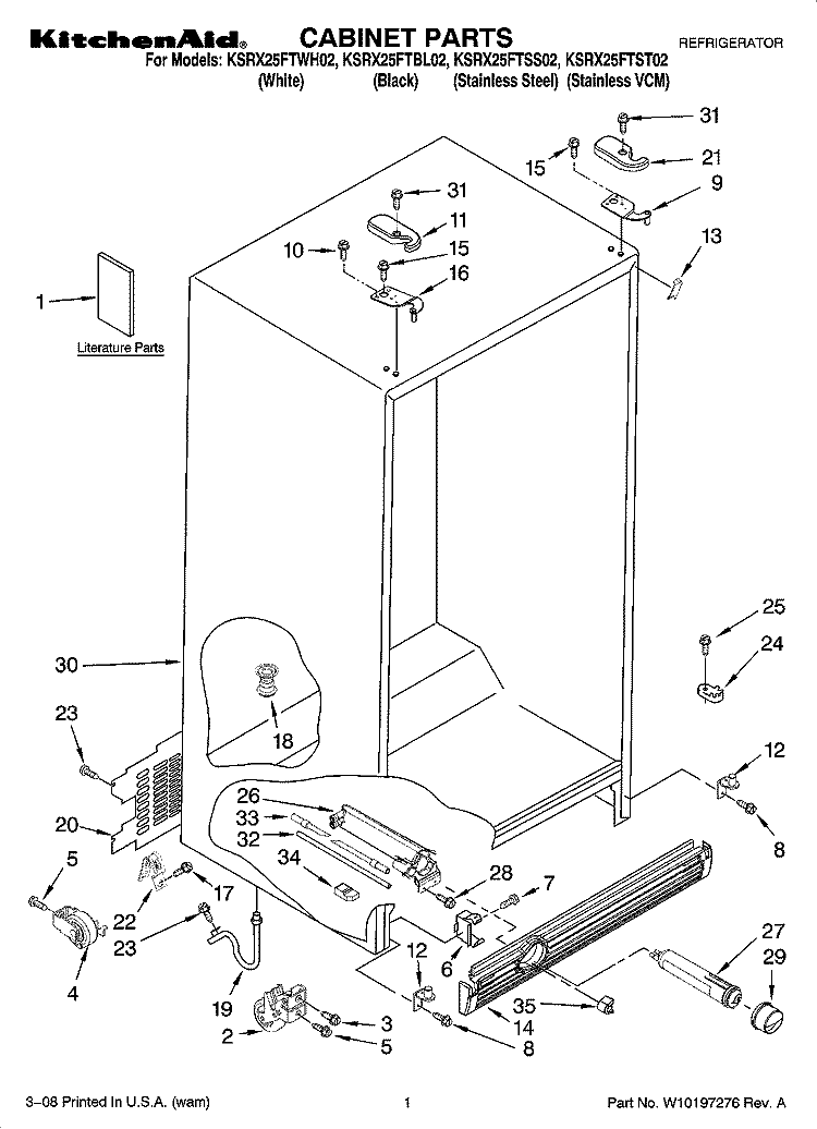 CABINET PARTS Diagram and Parts List for KSRX25FTSS02  KitchenAid Refrigerator