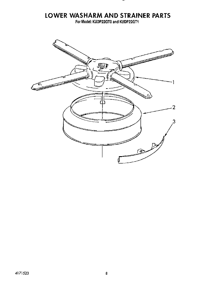 LOWER WASHARM AND STRAINER Diagram and Parts List for KUDP22GT0  KitchenAid Dishwasher
