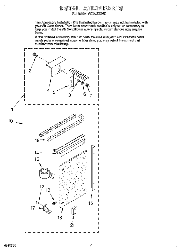 INSTALLATION Diagram and Parts List for ACM072XG0  Whirlpool Air Conditioner