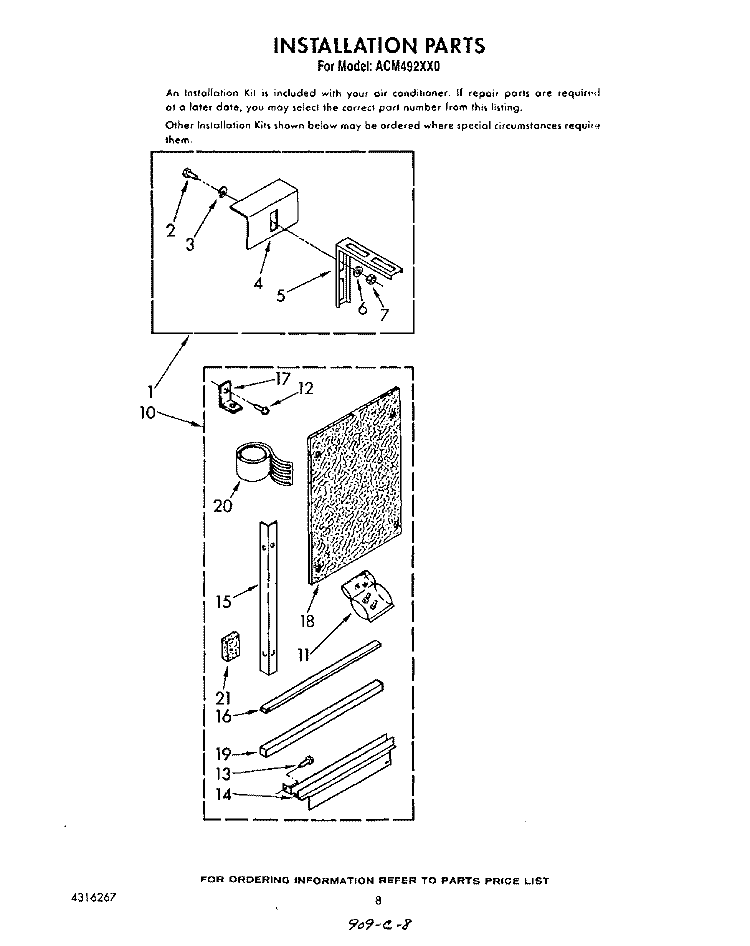 INSTALLATION Diagram and Parts List for ACM492XX0  Whirlpool Air Conditioner
