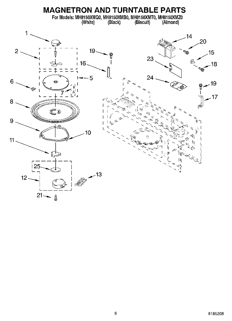 MAGNETRON AND TURNTABLE PARTS Diagram and Parts List for MH8150XMB0  Whirlpool Microwave