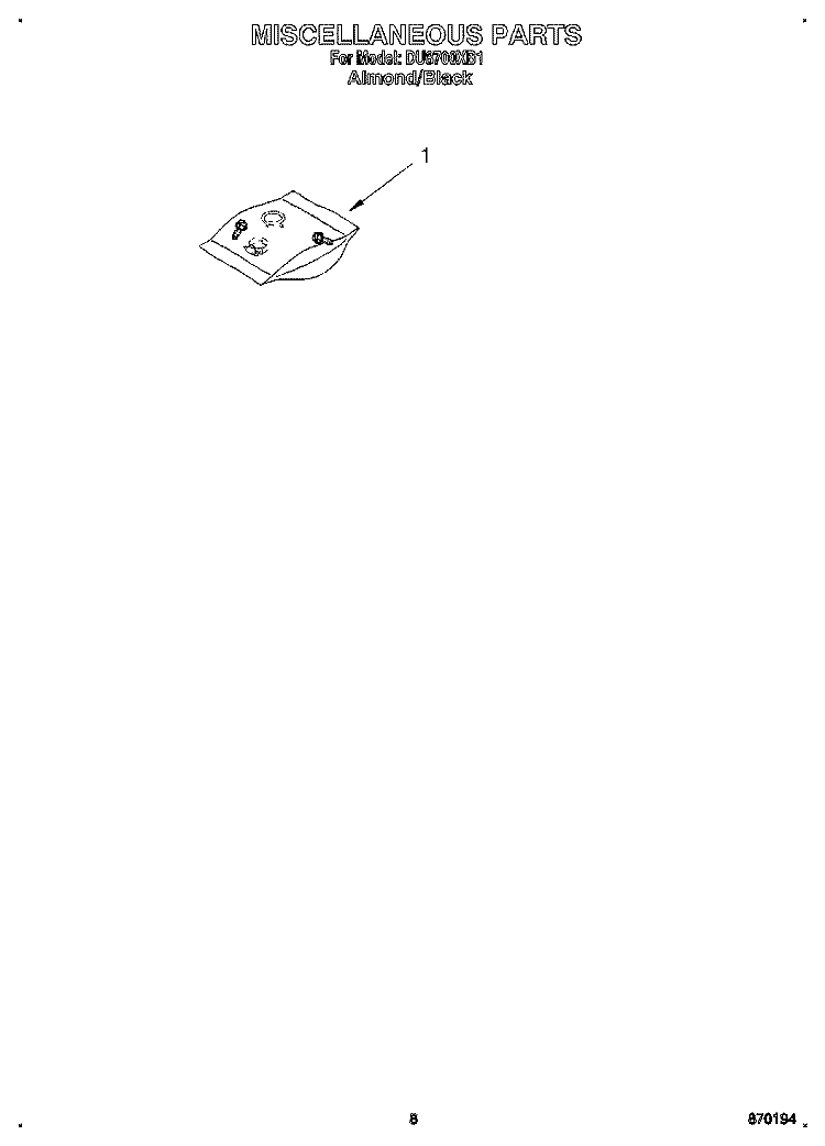 MISCELLANEOUS, LIT/OPTIONAL Diagram and Parts List for DU8700XB1  Whirlpool Dishwasher