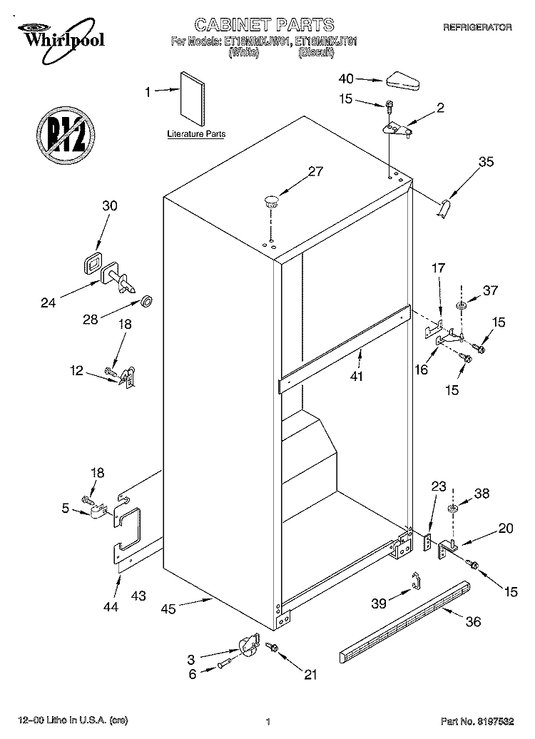 CABINET, LITERATURE Diagram and Parts List for ET18MMXJT01  Whirlpool Refrigerator