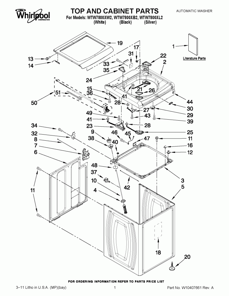 TOP AND CABINET PARTS Diagram and Parts List for WTW7800XL2  Whirlpool Washer