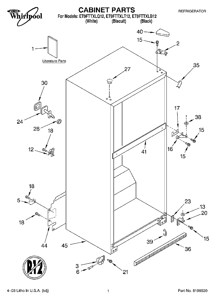 CABINET PARTS Diagram and Parts List for ET9FTTXLQ12  Whirlpool Refrigerator