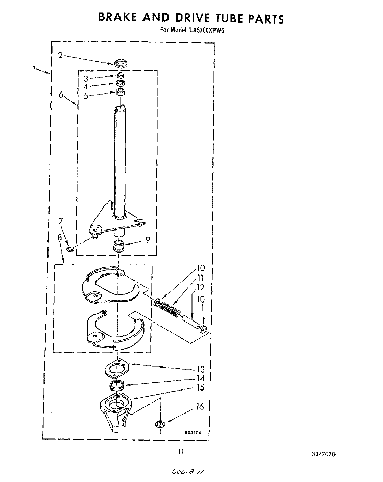 BRAKE AND DRIVE TUBE Diagram and Parts List for LA5700XPW6  Whirlpool Washer