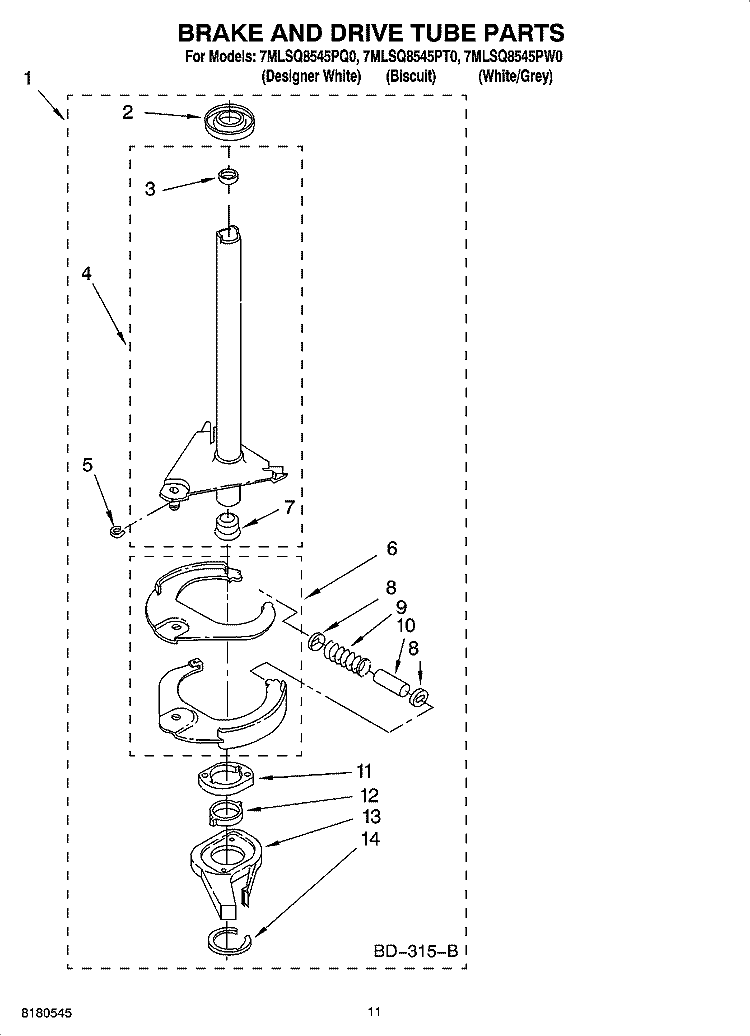BRAKE AND DRIVE TUBE PARTS Diagram and Parts List for 7MLSQ8545PT0  Whirlpool Washer