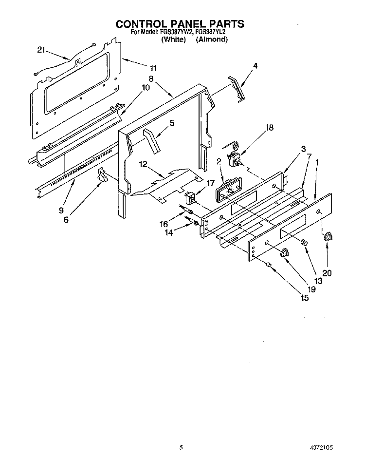 CONTROL PANEL Diagram and Parts List for FGS387YW2  Roper Range