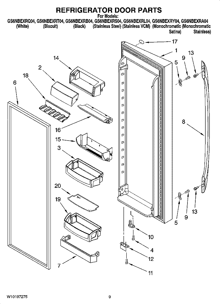 REFRIGERATOR DOOR PARTS Diagram and Parts List for GS6NBEXRY04  Whirlpool Refrigerator