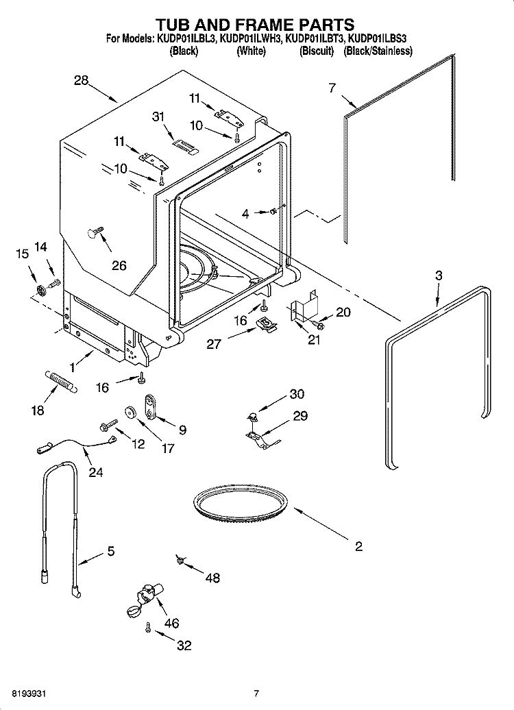 TUB AND FRAME PARTS Diagram and Parts List for KUDP01ILBS3  KitchenAid Dishwasher