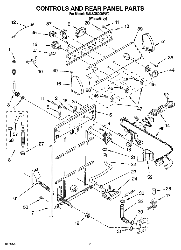 CONTROLS AND REAR PANEL PARTS Diagram and Parts List for 7MLSQ8000PW0  Whirlpool Washer