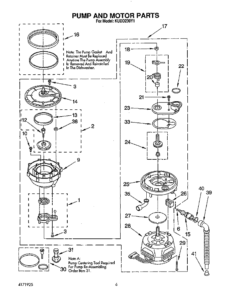 PUMP AND MOTOR Diagram and Parts List for KUDD230Y1  KitchenAid Dishwasher
