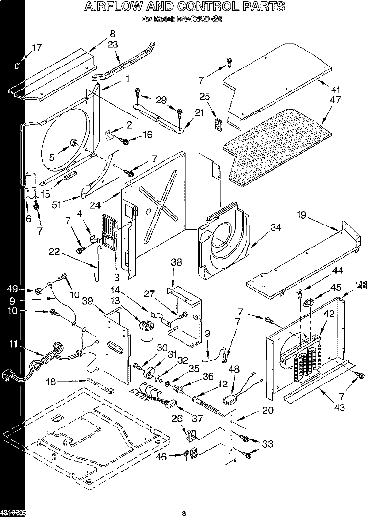 AIRFLOW AND CONTROL Diagram and Parts List for BPAC2530ES0  KitchenAid Air Conditioner
