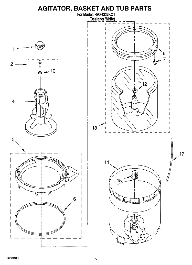 AGITATOR, BASKET AND TUB PARTS Diagram and Parts List for RAX4232KQ1  Roper Washer