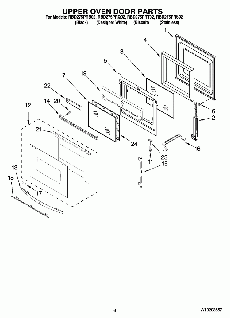UPPER OVEN DOOR PARTS Diagram and Parts List for RBD275PRQ02  Whirlpool Wall Oven