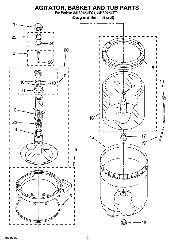 AGITATOR, BASKET AND TUB PARTS Diagram and Parts List for 7MLSR7232PT1  Whirlpool Washer